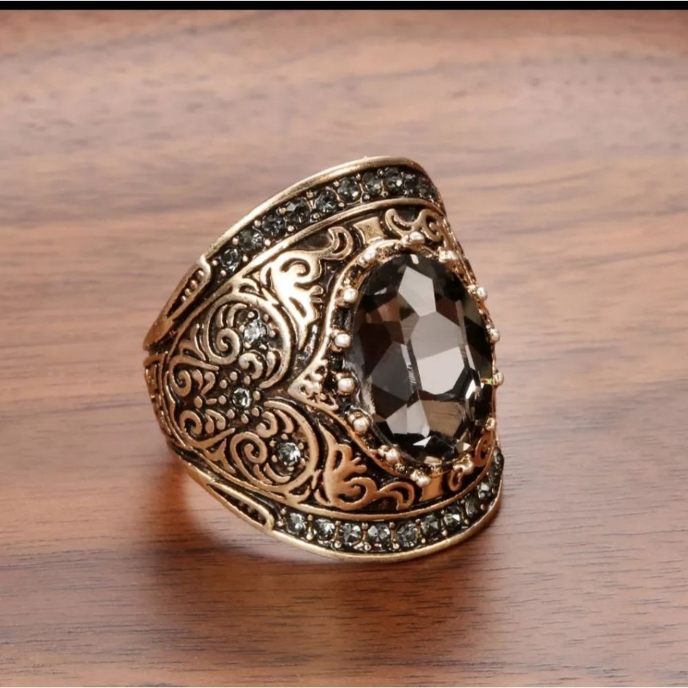 Antiqued golden bronze and large gray Swarovski crystal elements ring sz 8 new